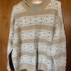Tan and White Patterned Sweater with decorative pearls and diamonds